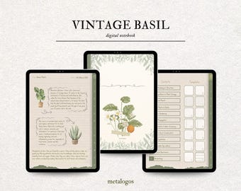 Cahier numérique vintage fleur classique 12 TABS avec liens hypertexte vert BASILIC