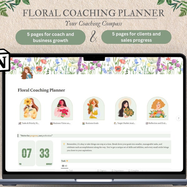 Notion Floral Coaching Planner Template for All Coaches, Marketing, Business Coaches | Improve Organization, Productivity And Sales