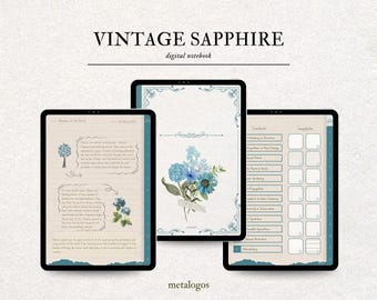 Cahier numérique vintage fleur classique 12 TABS avec hyperliens bleu saphir