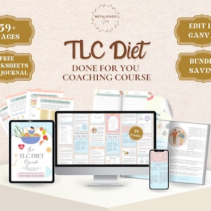 May include: A digital coaching course titled "TLC Diet" with the text "Done For You Coaching Course." The image displays a tablet, computer monitor, and smartphone, all showcasing the course content. Additional text includes "59+ Pages," "Free Worksheets and Journal," and "Edit in Canva."
