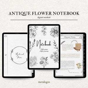 May include: Three digital notebooks with floral designs. The notebooks display the text "ANTIQUE FLOWER NOTEBOOK" and "digital notebook". One notebook features the text "Medicinal Plants", another has "Notebook" and "Keep growing", and the third has "Aliquam Purus".