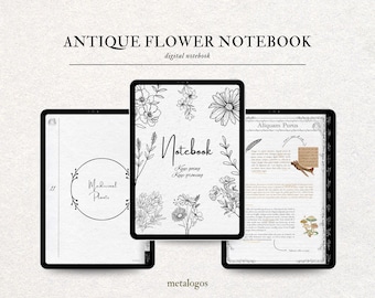 Carnet numérique floral vintage : Carnet fleuri antique | Onglets hypertextes | Téléchargement PDF pour Goodnotes, Notability