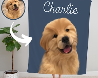 May include: A blue fleece blanket with a personalized illustration of a golden retriever puppy with the name "Charlie" printed in white cursive.