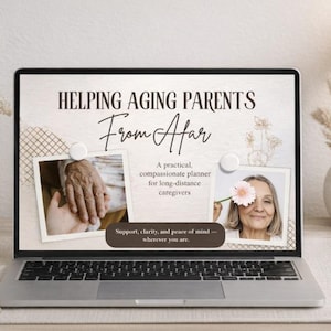 May include: A laptop displays the text "HELPING AGING PARENTS From Afar" with images of hands and a woman. The laptop sits on a desk with a coffee cup, notepad, pen, and decorative vase with dried flowers. A lamp is on the right.