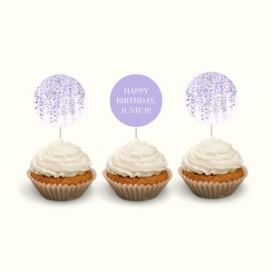 Spring Theme Birthday Party Cupcake Toppers - Customizable Purple Flowers Birthday Decor, Birthday Party Instant Download, Floral Theme