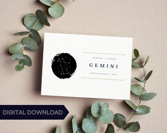 Gemini Birthday Card, Gemini Greeting Card, Gemini Zodiac Sign Postcard, Gemini Horoscope Stationary, Gemini Constellation