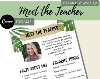Tropical Meet the Teacher Sheet - Meet the Teacher - Editable - Instant Download - A4 Teacher Meet and Greet Sheet