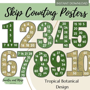 May include: Ten printable posters featuring green and brown tropical leaf designs with numbers for skip counting. The posters are labeled 1 through 10.
