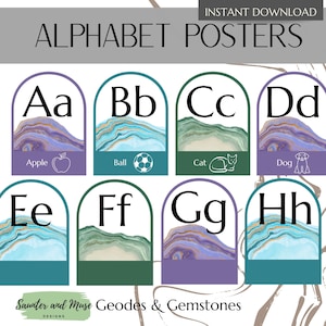 May include: Alphabet posters displaying letters A to H, each with an associated image and word. The posters have a watercolour geode design in shades of blue, green, and purple. The text "ALPHABET POSTERS" is at the top.