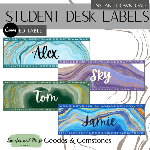 Geodes and Gemstones Classroom Desk Labels - Instant Download - Editable - Classroom Desk Plates - Classroom Labels - Letter or A4