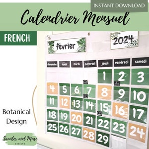 French - Français - Tropical Botanical Classroom Pocket Calendar - Tropical Leaves - Classroom Calendar, Decor and Display