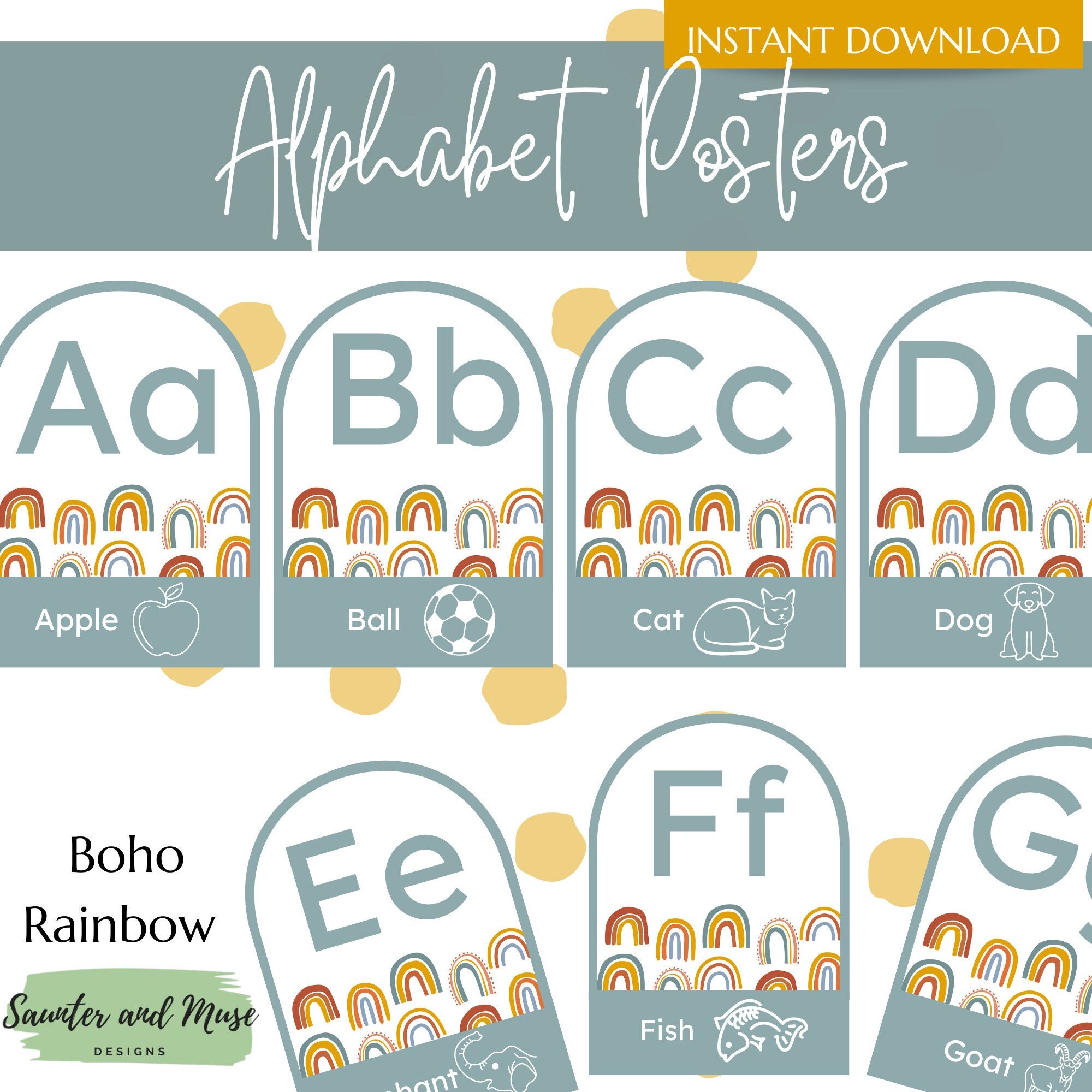 Boho Rainbow Alphabet Posters Printable Classroom Alphabet Instant