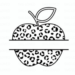 May include: Black and white split monogram design featuring a leopard print apple with a leaf. The apple is split horizontally with a blank space for text.