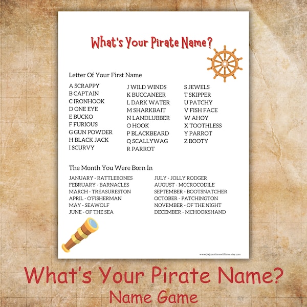 What's Your Name Game, What's Your Pirate Name, Pirate Game, Pirate Birthday Party Theme, Classroom Game, Homeschool Game