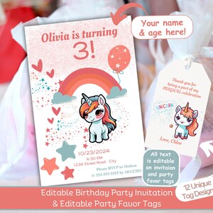 Editable Unicorn Theme Bundle, 12 Unique Editable Party Favor Tags, Editable Unicorn Invitation, Happy Birthday, DIGITAL DOWNLOAD
