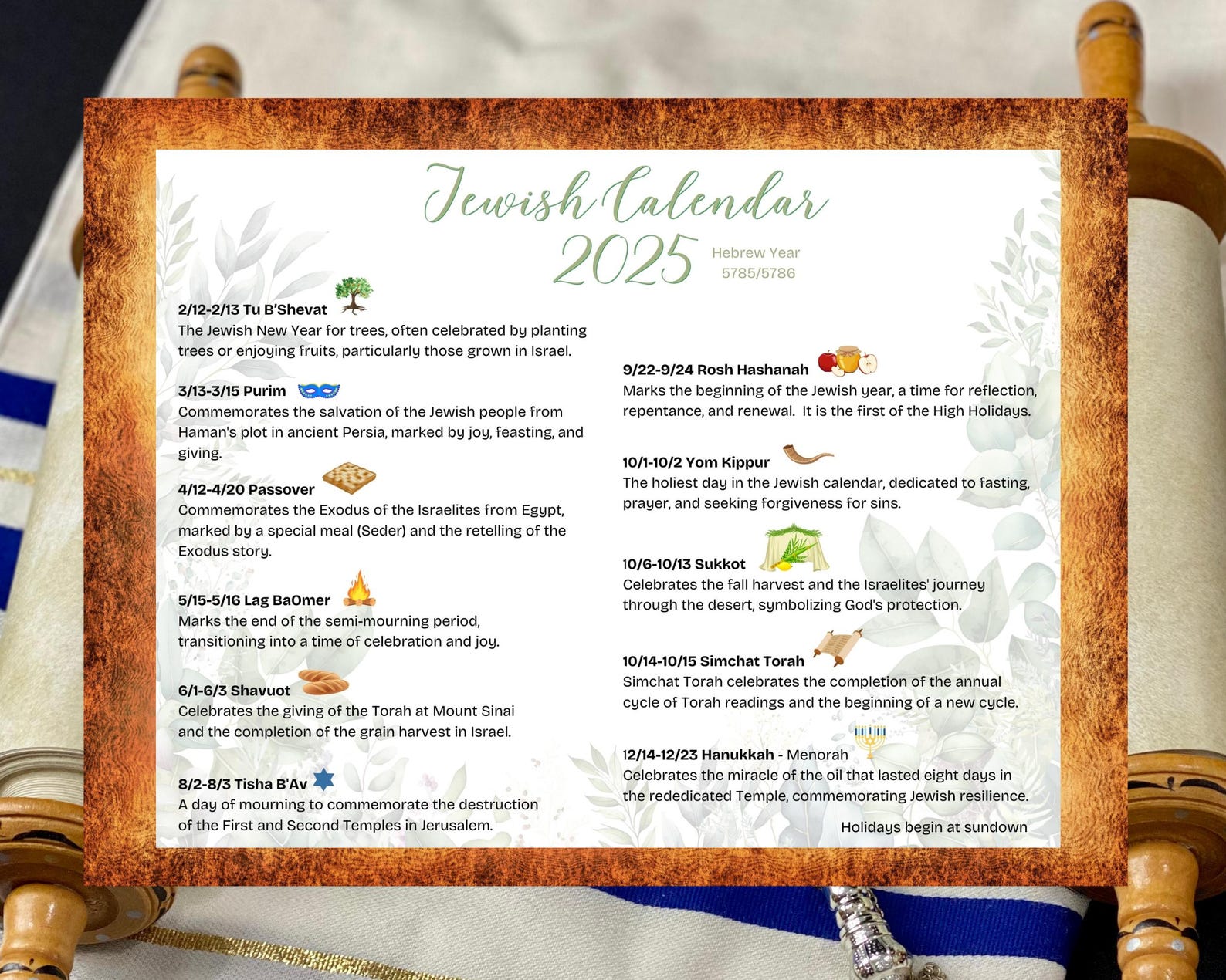 2025 Jewish Calendar, 5785 5786 Hebrew Calendar, Jewish Wall Art ...