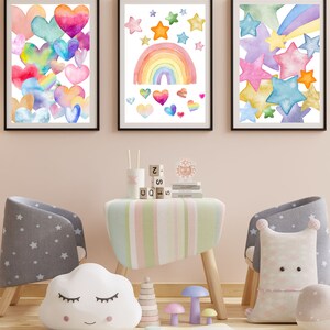 Wall Art, Watercolor Rainbow, Rainbow, Shooting Star Nursery Art, Heart Nursery Art, Girl Room Wall Art, Nursery Wall Art, DIGITAL DOWNLOAD
