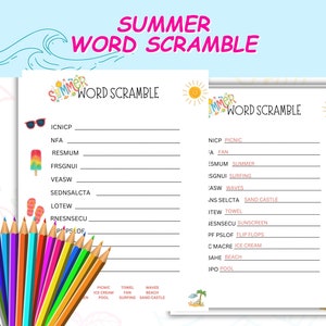 Diversión de verano Word Scramble imprimible, tema de playa, tema de vacaciones, juegos de fiesta de verano, fiesta en el aula, fin de escuela, descarga digital