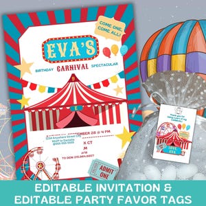 Editable Carnival Party Favor Tag, Editable Personalized Invitations, Carnival Theme Party, Happy Birthday, DIGITAL DOWNLOAD