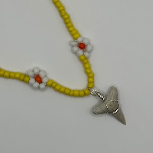 One of a Kind Shark Tooth hand-wrapped silver on yellow Flower Beaded Necklace | Beach Bum Supply Co