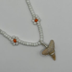 One of a Kind Shark Tooth hand-wrapped silver on white Flower Beaded Necklace | Beach Bum Supply Co