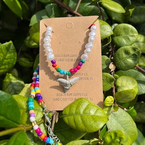 One of a kind Shark Tooth hand-wrapped silver on colorful pearl Beaded Necklace