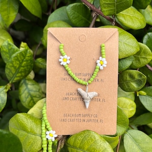 One of a Kind Shark Tooth hand-wrapped silver on green Flower Beaded Necklace | Beach Bum Supply Co