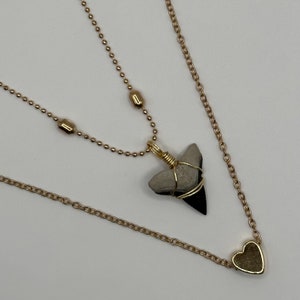 One of a kind Shark Tooth hand-wrapped on Gold double chain Necklace with heart