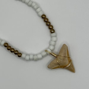 One of a kind Shark Tooth hand-wrapped on white and gold Beaded Necklace