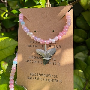 One of a kind Shark Tooth hand-wrapped silver on pink Beaded Necklace | Beach Bum Supply Co