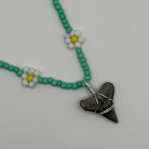 One of a Kind Shark Tooth hand-wrapped silver on teal colorful Flower Beaded Necklace | Beach Bum Supply Co
