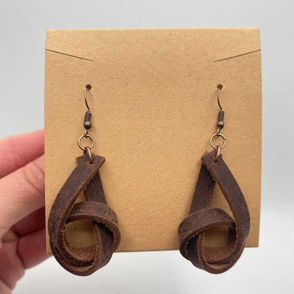 Brown Leather Knot Earrings | Boho Western Rustic Vintage | Nickel Free | Handmade Gift | Bridesmaid Gift