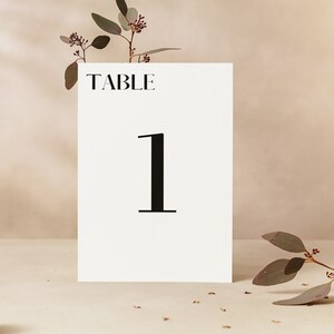 Puede incluir: Tarjeta de número de mesa blanca con texto negro que dice "TABLE 1" sobre un fondo beige claro con ramitas de eucalipto.