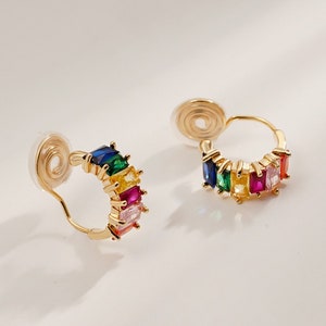 Clip On Earring - Pink, Orange, Red, Yellow, Green, Blue Zircon Rainbow Earrings, Pad Coil Pain Free Design Clip On for Non Pierced Ears