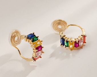 Boucle d'oreille à clip – Boucles d'oreilles arc-en-ciel en zircon rose, orange, rouge, jaune, vert, bleu, bobine de coussinet, design sans douleur, clip pour oreilles non percées