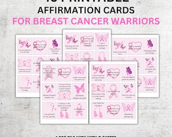 Puede incluir: Tarjetas de afirmación imprimibles para guerreras contra el cáncer de mama. Las tarjetas son rosas y presentan mensajes inspiradores y gráficos de mariposas. El texto de las tarjetas incluye frases como "Soy una superviviente" y "La energía curativa fluye a través de mí".