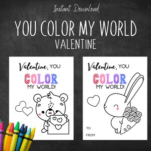 You Color My World Valentine Card | Non Candy Valentine | Printable Valentine&#39;s Card | Classroom Valentine | Kids