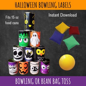 May include: Halloween bowling labels for 15 oz food cans, featuring designs of a black cat, Frankenstein, ghost, skull, bat, owl, monster, pumpkin, mummy, and vampire. Includes four square bean bags in yellow, red, purple, and green, and a yellow ball.