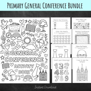 Könnte beinhalten: Ein schwarz-weißes Aktivitätsbuch-Bundle mit dem Text "Primary General Conference Bundle". Das Aktivitätsbuch enthält Malvorlagen, Wortsuchrätsel und Zuordnungsspiele. Die Worte "General Conference Activity Book" sind ebenfalls sichtbar.