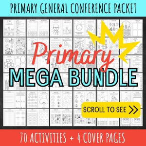 以下が含まれることがあります： Primary General Conference PacketおよびPrimary Mega Bundleと題された、白黒の印刷可能なアクティビティシートのコレクション。グリッドには、線画、迷路、塗り絵のデザインが施された70のアクティビティと4つの表紙が表示されています。