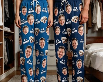 Custom Photo Pajama Pants, Personalized Dad Mom Trousers, Father's Day Gift