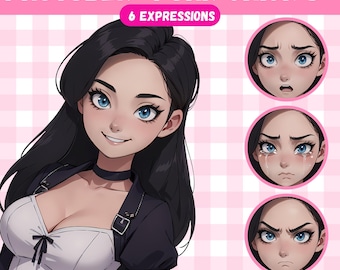 May include: PNGTuber "Punk Chick 3" digital illustration set featuring a female character with black hair and blue eyes. The set includes six different expressions, including a neutral expression, a surprised expression, a crying expression, and an angry expression.