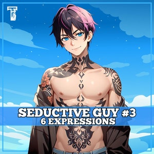 Könnte beinhalten: Eine digitale Illustration eines Mannes mit pinkfarbenem und schwarzem Haar, blauen Augen und Tätowierungen auf Brust, Armen und Bauch. Er trägt eine schwarze Jacke und eine blaue Jeans. Der Text "SEDUCTIVE GUY #3 6 EXPRESSIONS" befindet sich oben im Bild.