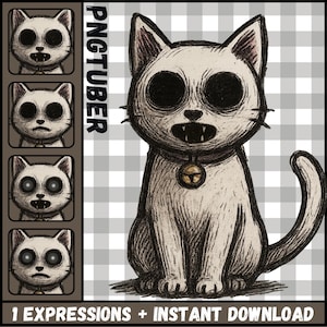 May include: A digital illustration of a white cat with large, black eyes and sharp teeth, wearing a collar with a bell. The image includes the text "PNGTUBER" and "1 EXPRESSIONS + INSTANT DOWNLOAD". The cat has a spooky, cartoonish style.