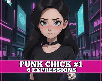 May include: A digital illustration of a punk-style character with black hair, wearing a black t-shirt, black pants, and a black choker. The character has a skull tattoo on their arm. The background is a city scene with neon lights. The text "PUNK CHICK #1 6 EXPRESSIONS" is at the bottom of the image.