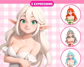 May include: A digital illustration of a cartoon elf with blonde hair and green eyes. The elf is wearing a white dress and has a sweet expression. The image is titled "PNGTuber "Bubbly Elf" 5 Expressions 6 Different Styles".