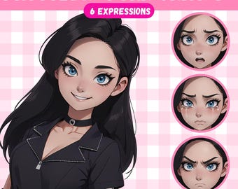 May include: PNGTuber "Punk Chick 2" digital illustration featuring a female character with black hair and a black leather jacket. The character has six different facial expressions, including a neutral expression, a surprised expression, a sad expression, and an angry expression.