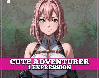 May include: Anime-style illustration of a cute adventurer with pink hair and eyes. She wears a white and pink outfit with black accents and a gold floral clasp. The background features a map design and the text "CUTE ADVENTURER 1 EXPRESSION".