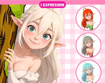 May include: Digital art of a cartoon elf with long, flowing white hair, large green eyes, and pointed ears. The image includes the text "PNGTUBER 'BUBBLY ELF'" and "1 EXPRESSION" at the top, and "6 DIFFERENT STYLES" at the bottom.