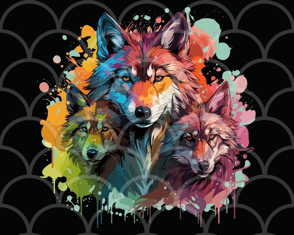 Wolf Pack Clipart PNG Neon Paint Splash Design With Etsy